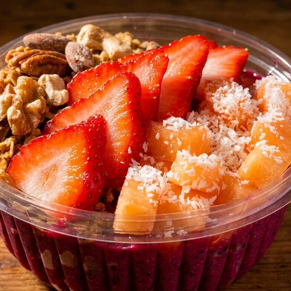 Acai bowl topped with sliced strawberries, cantaloupe, shredded coconut, granola, and mixed nuts in a clear container.